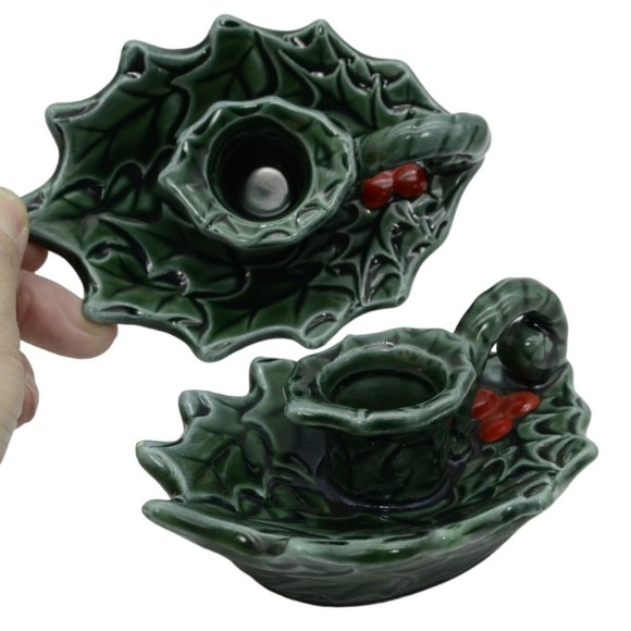 Set of 2 Vintage Lefton Japan Christmas Holly Berry Taper Candle Holders, EUC - Picture 1 of 12